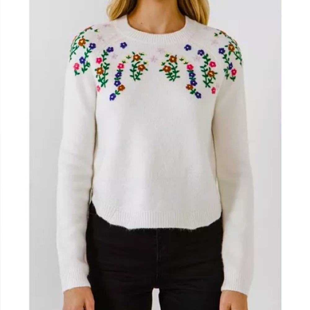 English Factory White Crewneck Sweater with Multicolor Floral Embroidery